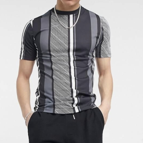River Island ASOS Striped Grey Graphic T-shirt Muscle Fitted Tight Small - Picture 1 of 12